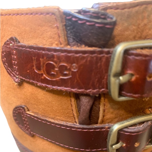 UGG Barolo Boots Brown Two Tone Leather Knee High Sheepskin Lined Sz 5.5 - Picture 3 of 6